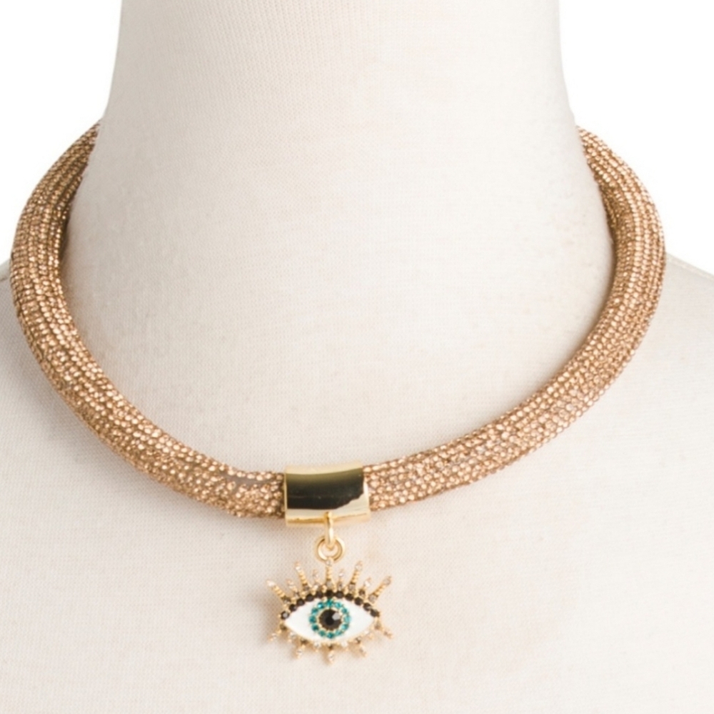 Kurt Geiger London Crystal Eye Pendant Rope Collar Necklace in Gold